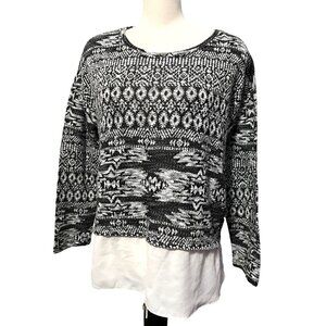 Kiara Black & White Tribal Blouse Sz XL Women's With White Sheer Draping Hem